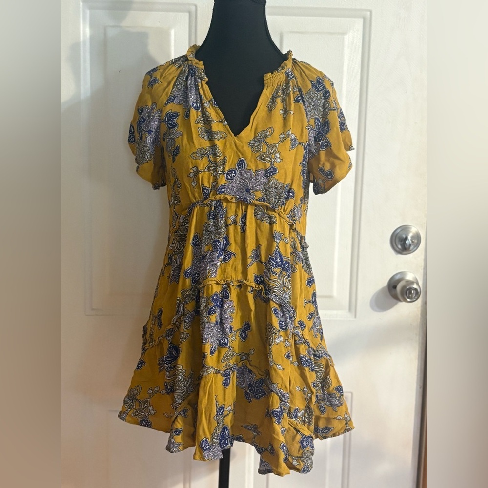 Anthropologie Mustard and Indigo Floral Mini Dress size XS * - Picture 2 of 15